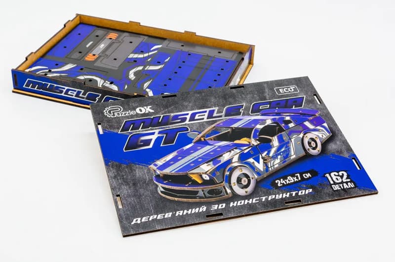 Дерев’яний конструктор PuzzleOK Muscle Car, 162 деталі, синій, розмір моделі 24×9×7 см, Puz-00642, фото 3