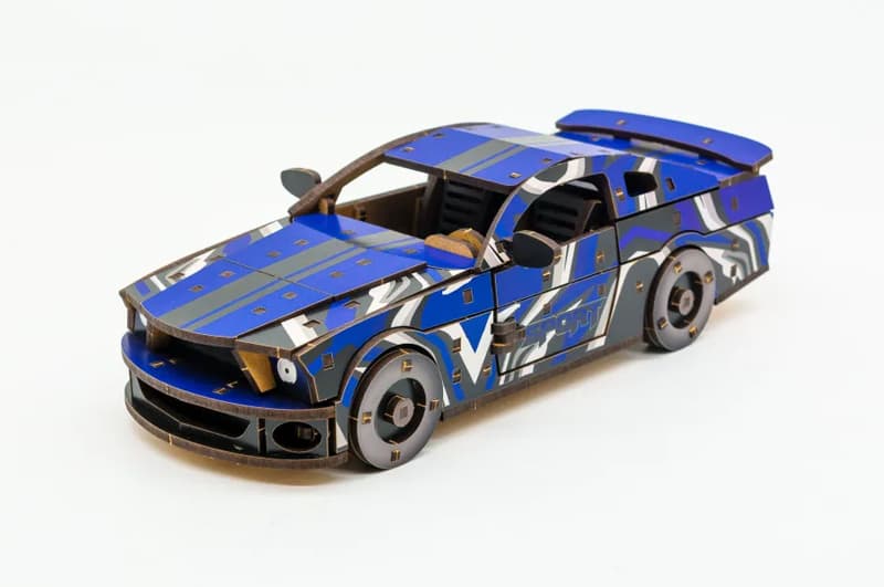 Дерев’яний конструктор PuzzleOK Muscle Car, 162 деталі, синій, розмір моделі 24×9×7 см, Puz-00642, фото 2