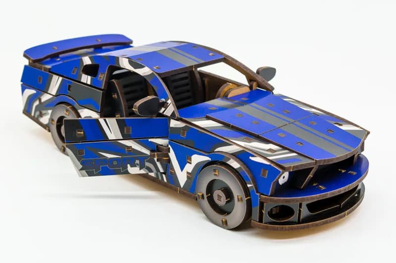 Дерев’яний конструктор PuzzleOK Muscle Car, 162 деталі, синій, розмір моделі 24×9×7 см, Puz-00642, фото 4