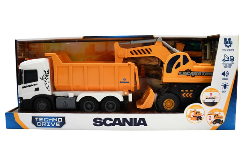 Ігровий набір 2 в 1 «Самоскид Scania та екскаватор» зі світлом і звуком TECHNO DRIVE, 8001KS