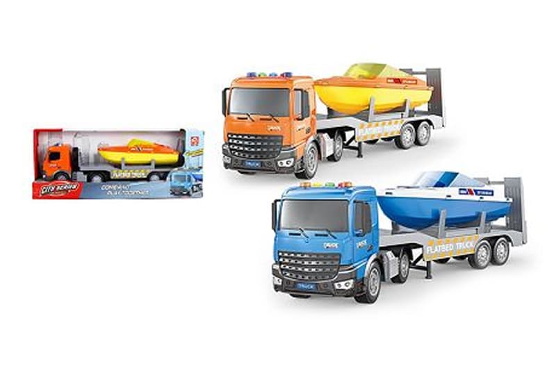 Автовоз з катером інерційний, озвучений, зі світлом, в коробці, 2види