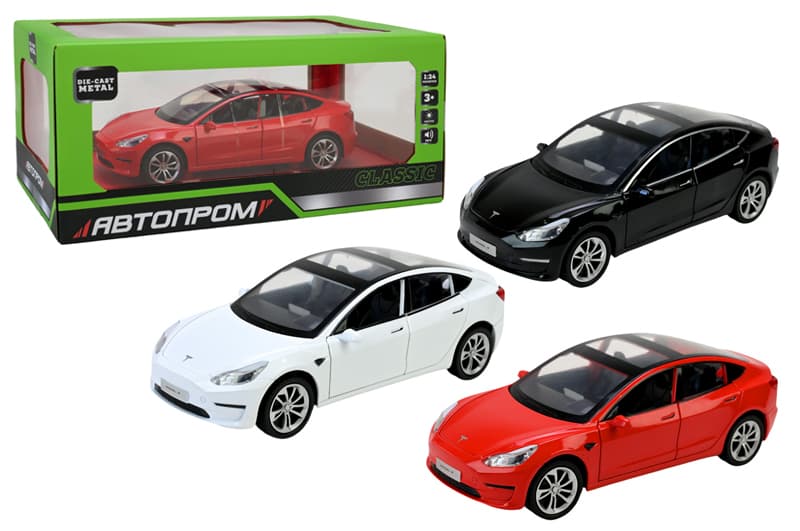 Машина металева AP7728 1:24 Tesla model 3, на  батарейки, світло, звук, відкриваються двері, в коробці 28x16x12,8см АВТОПРОМ