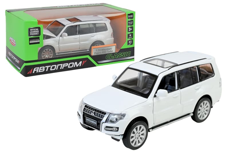 Машина металева 68463W 1:33 "Mitsubishi Pajero 4WD Turbo", на батарейках, світло, звук, відкриваються двері, коробка 18x9x8 см АВТОПРОМ