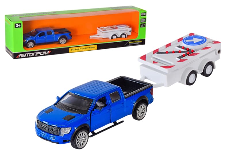 Машина з причепом металева 43005TR 1:43 Ford F-150, відкриваються двері, в коробці 28x8x6,5 см АВТОПРОМ