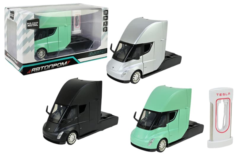 Машина металева AP7731 1:24 Tesla semi truck head, батарейка, світло, звук, відкриваються двері, коробка р.25x12,5x15 см АВТОПРОМ