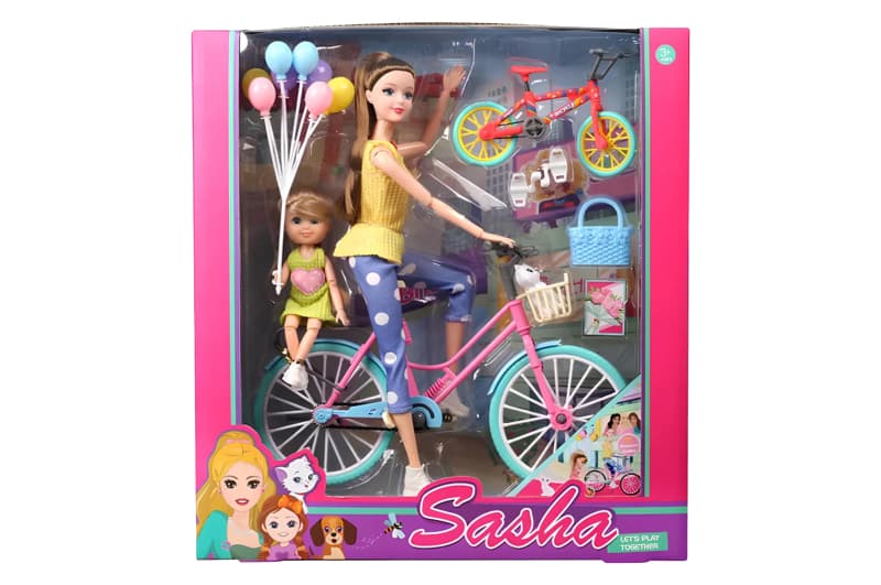 Лялька "Sasha" з велосипедом і дитиною в коробці