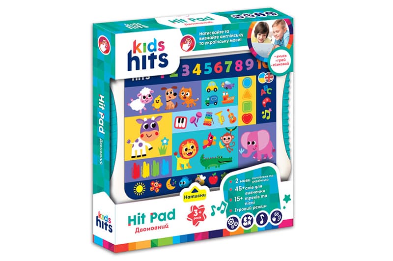 Музичний планшет «Двомовний» Kids Hits, українська та англійська абетка, кольори, цифри, тварини, на батарейках