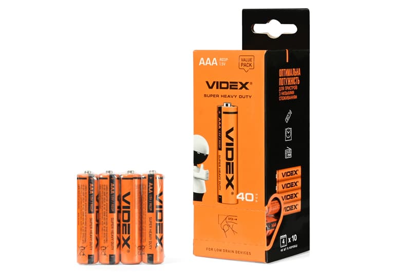 Батарейки RO3P/4S/AAA/1.5V Videx сольова 4 шт, плівка