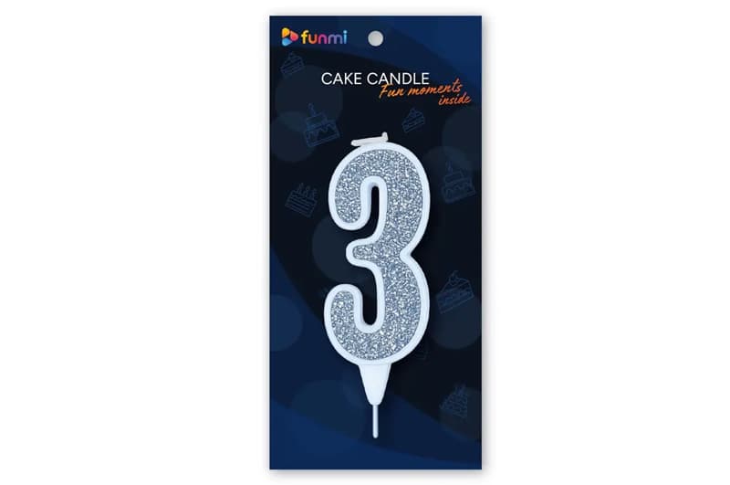 Свічка цифра 23239 "3" біла срібло (9см) funmi 1шт.