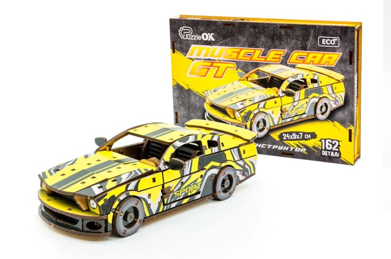 Конструктор Puz-00638 "Muscle Car" дерев'яний, 162 дет., жовтий колір, розмір моделі 24х9х7 см PuzzleOk