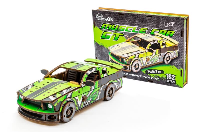 Конструктор Puz-00640 "Muscle Car" дерев'яний, 162 дет., зелений колір, розмір моделі 24х9х7 см PuzzleOk