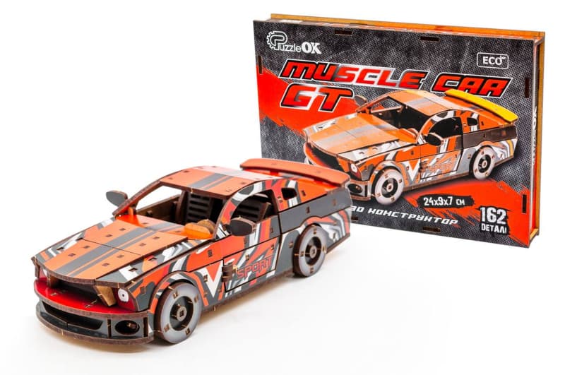 Дерев’яний конструктор PuzzleOK Muscle Car Puz-00641, 162 деталі, червоний, 24×9×7 см
