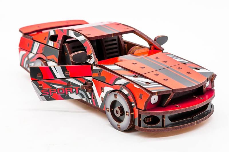 Дерев’яний конструктор PuzzleOK Muscle Car Puz-00641, 162 деталі, червоний, 24×9×7 см, фото 2