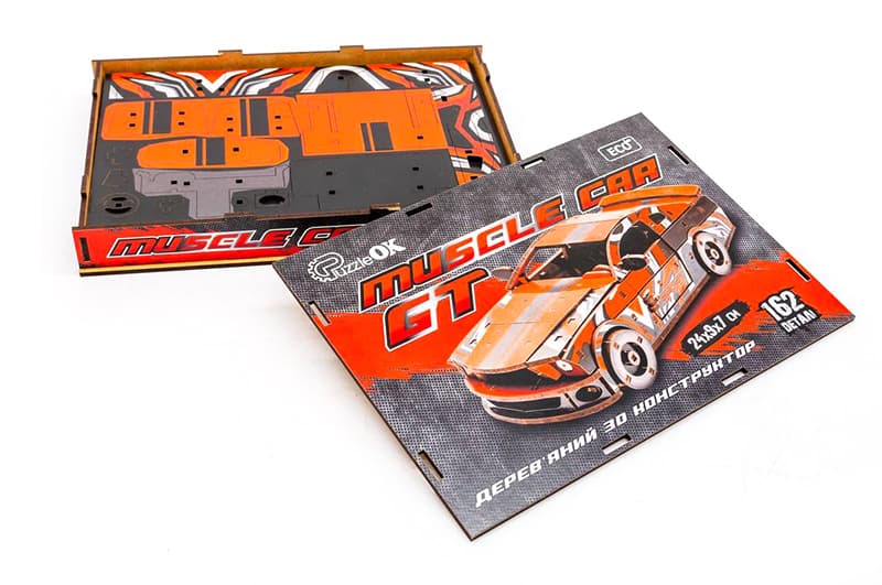 Дерев’яний конструктор PuzzleOK Muscle Car Puz-00641, 162 деталі, червоний, 24×9×7 см, фото 3