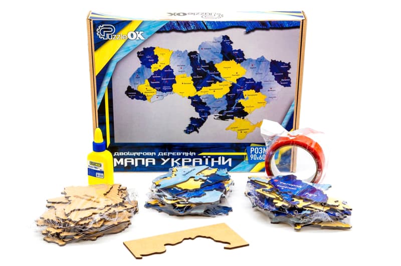 Мапа України 60906 двошарова дерев'яна, настінна, синьо-жовта р.60x90 см PuzzleOK