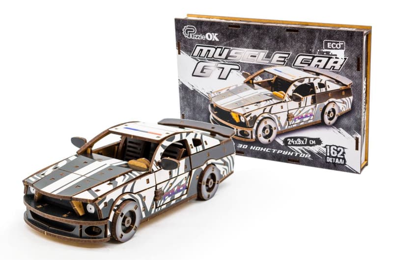Конструктор Puz-00639 "Muscle Car" дерев'яний, 162 дет., білий колір, поліція розмір моделі 24х9х7 см PuzzleOk