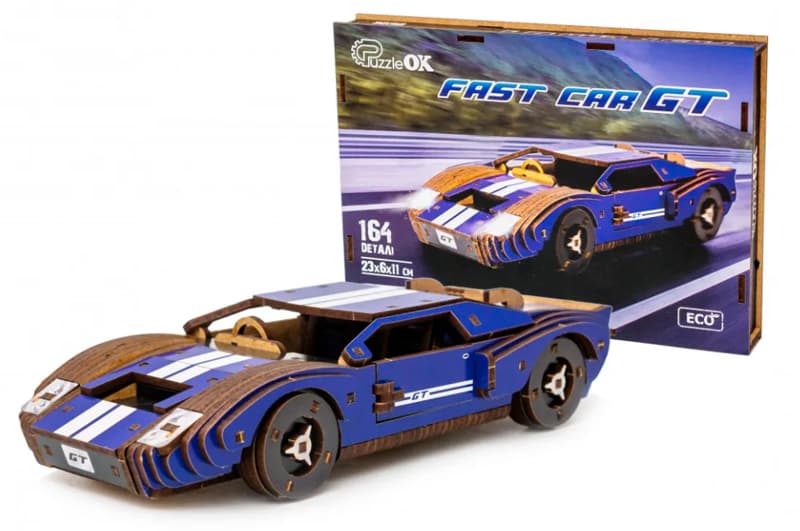 Конструктор Puz-26915"Fast Car GT" дерев'яний, 164 дет., синій, розмір моделі 23х6х11 см PuzzleOk