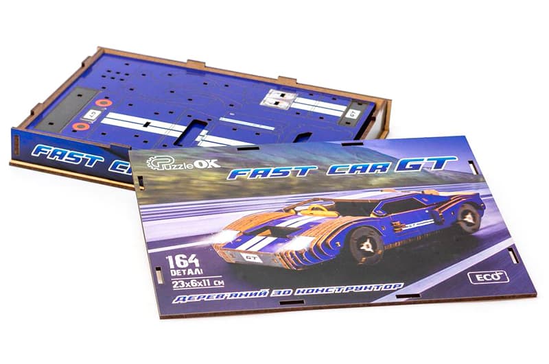 Конструктор Puz-26915"Fast Car GT" дерев'яний, 164 дет., синій, розмір моделі 23х6х11 см PuzzleOk, фото 4