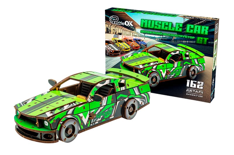 Дерев'яний 3D конструктор Muscle car GT (зелена) Puz-00946 PuzzleOk
