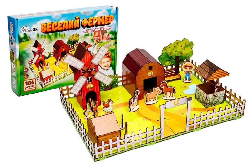 Конструктор Puz-00957 "Веселий фермер" 3D, дерев'яний, в коробці р.59х40х25 см PuzzleOk