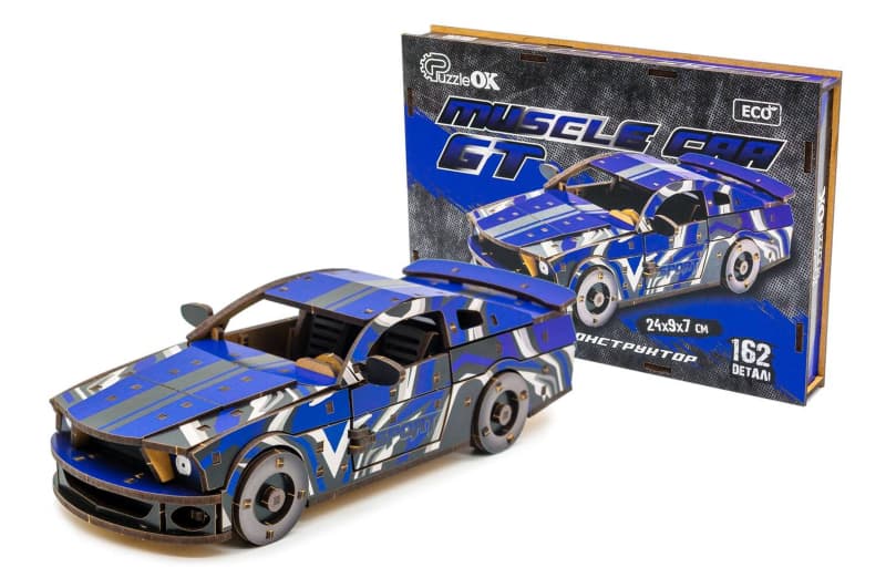 Дерев’яний конструктор PuzzleOK Muscle Car, 162 деталі, синій, розмір моделі 24×9×7 см, Puz-00642