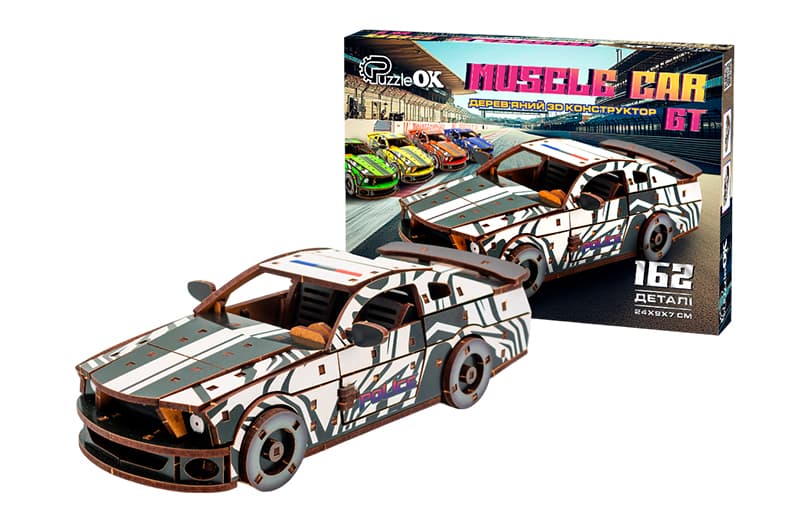 Дерев'яний 3D конструктор Muscle car GT (біла) Puz-00945 PuzzleOk