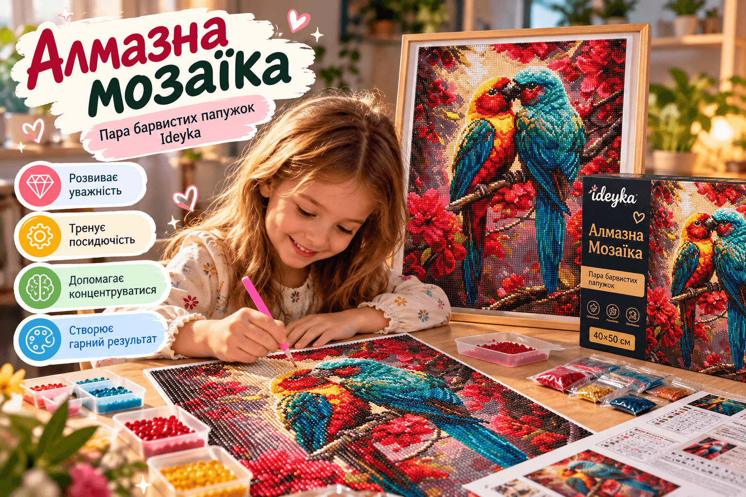 Алмазна мозаїка Ideyka «Пара барвистих папужок»