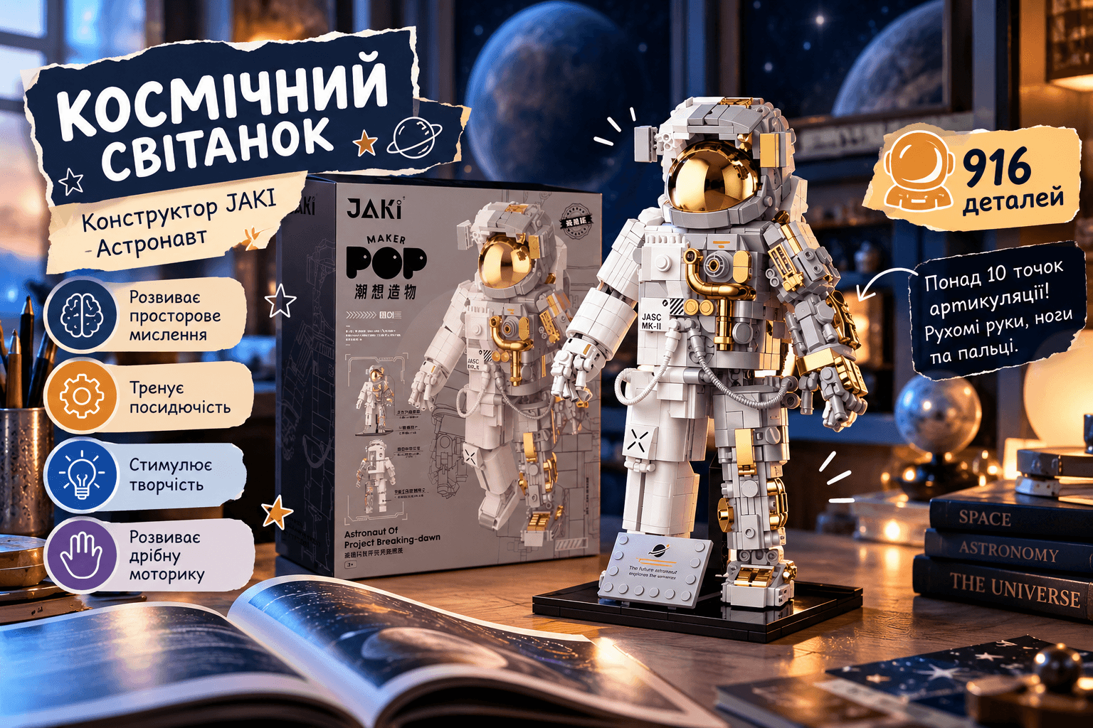 Конструктор JAKI «Космічний світанок» — астронавт, 916 деталей