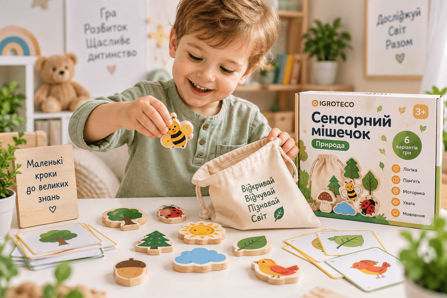 Дитина грається із сенсорним мішечком з дерев'яними фігурами