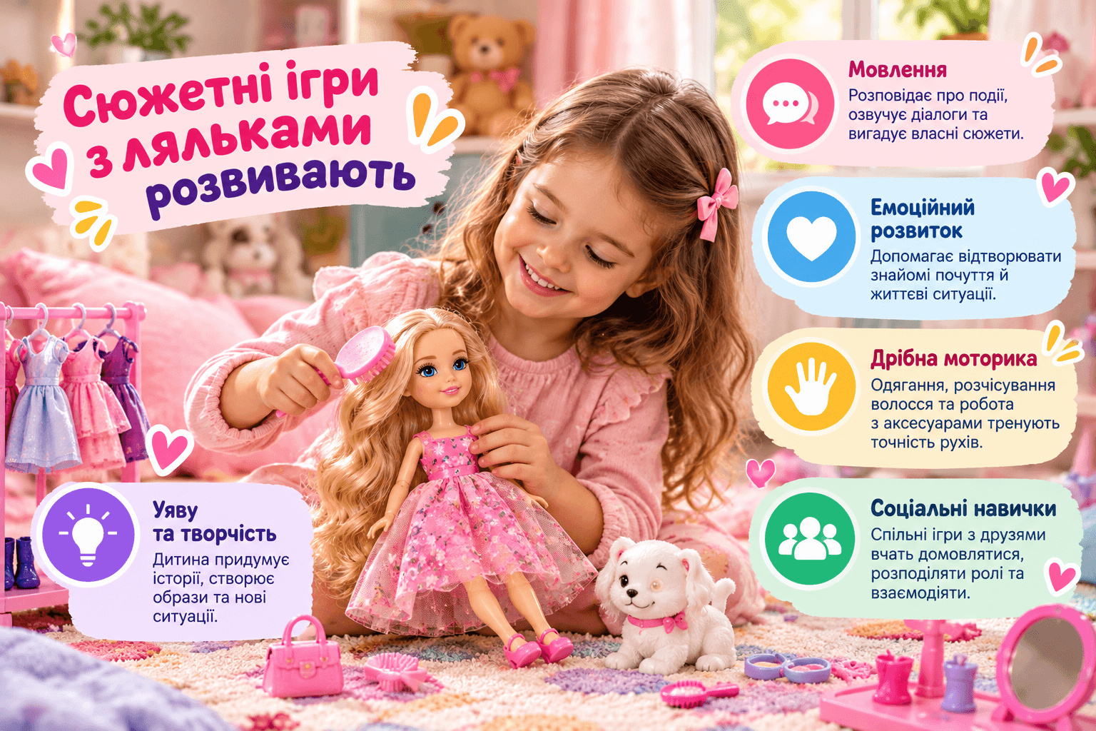 Дитина грається лялькою та розвиває уяву, мовлення й дрібну моторику