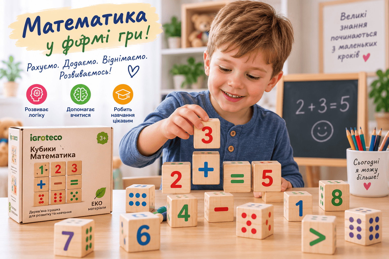 Дитина вчиться додавати та віднімати за допомогою математичних кубиків