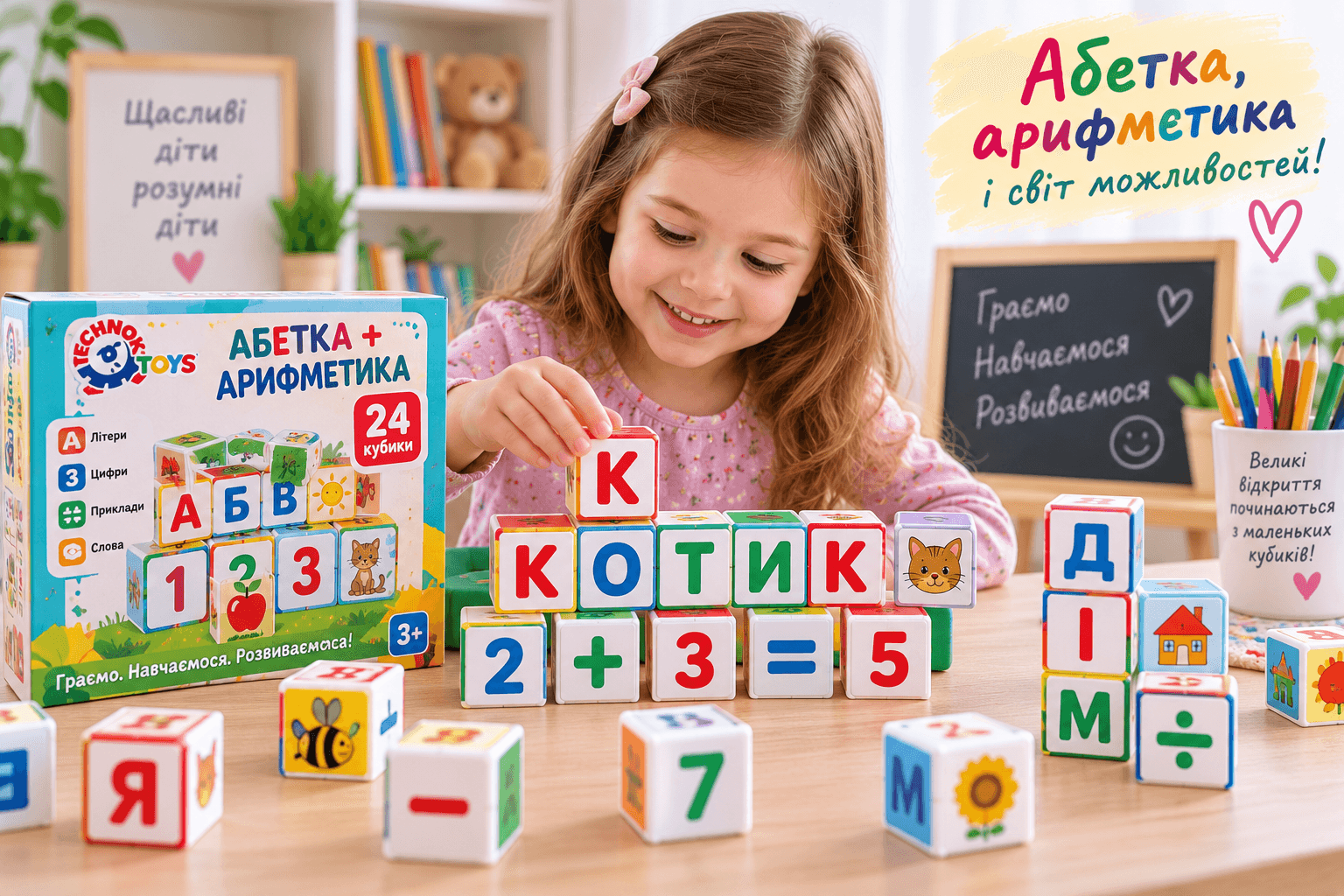Навчальні кубики з абеткою та арифметикою для дошкільнят