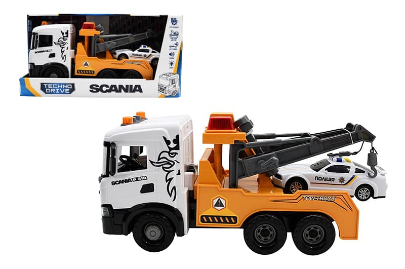 Машина 3004KS Mid Truck, машина евакуатор Scania з машиною поліція, світло, звук TechnoDrive