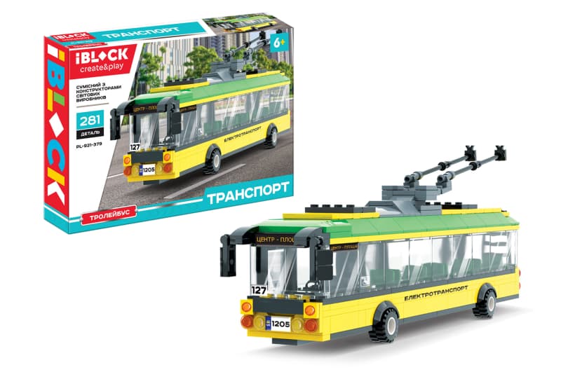 Конструктор PL-921-379, ТРАНСПОРТ Тролейбус, 281 деталей, інструкція та наліпки, в коробці р.37.5x25.5x6 см IBLOCK
