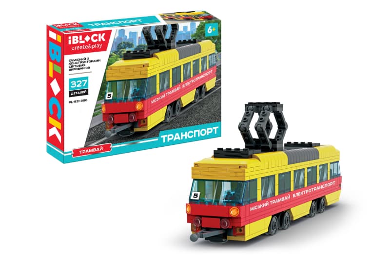 Конструктор PL-921-380, ТРАНСПОРТ Трамвай 327 деталей, інструкція та наліпки, в коробці р. 37.5x25.5x6 см IBLOCK