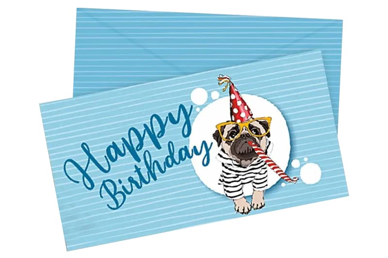 Паперовий конверт на гроші блакитний 12397 "Happy Birthday мопс" 1шт.